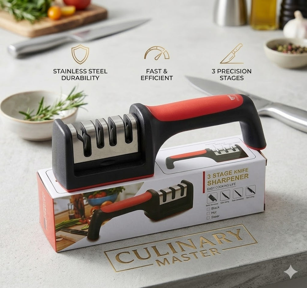 Culinary Master 3-Stage Professional Knife Sharpener – Manual Kitchen Sharpening Tool for Dull Stainless Steel Knives with Ergonomic Handle and Non-Slip Base