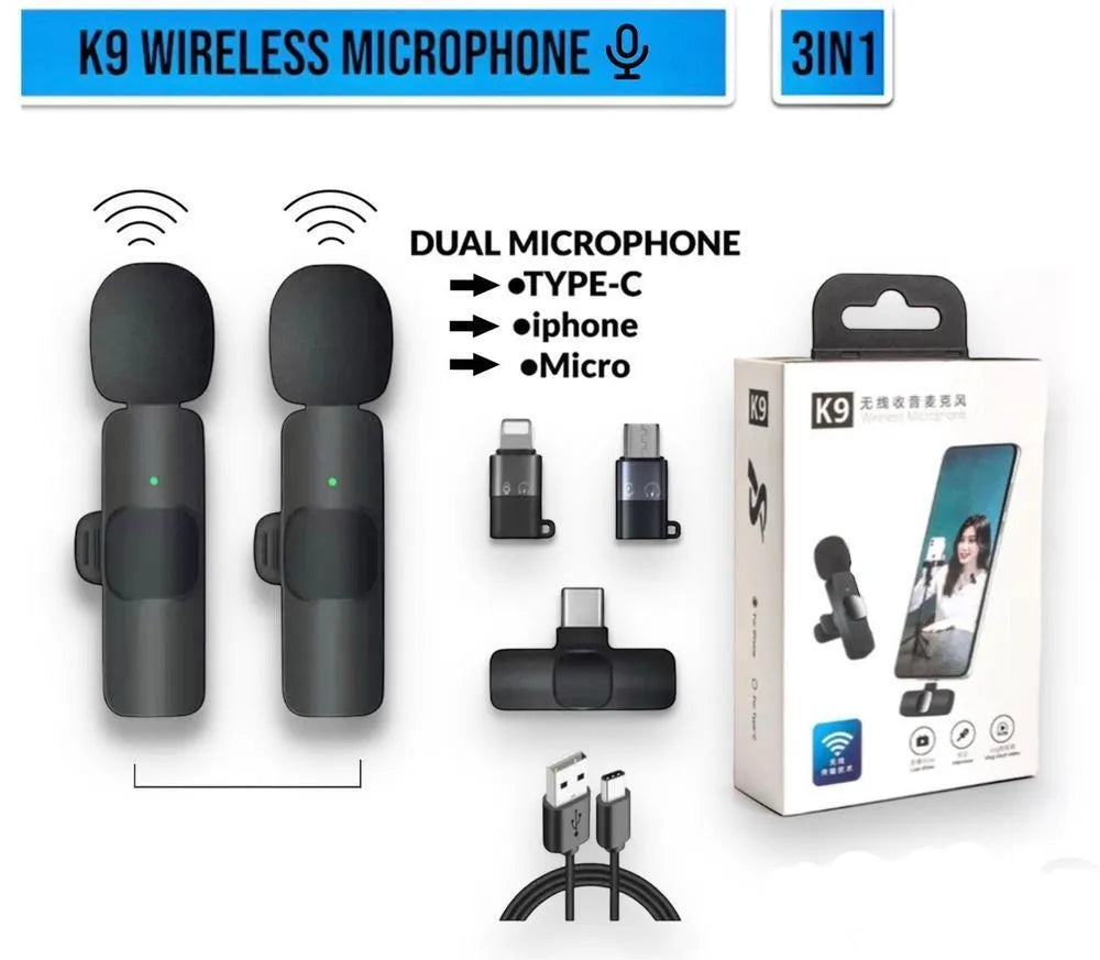 K9 Dual Wireless Microphone System – 3-in-1 Plug-and-Play Lavalier Mic