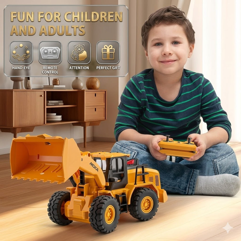 MOKA Premium Remote Control Construction Wheel Loader – 2.4GHz RC Excavator Toy Bulldozer with Moveable Bucket, Heavy Duty Rubber Tires & Educational Skill Development for Kids and Adults