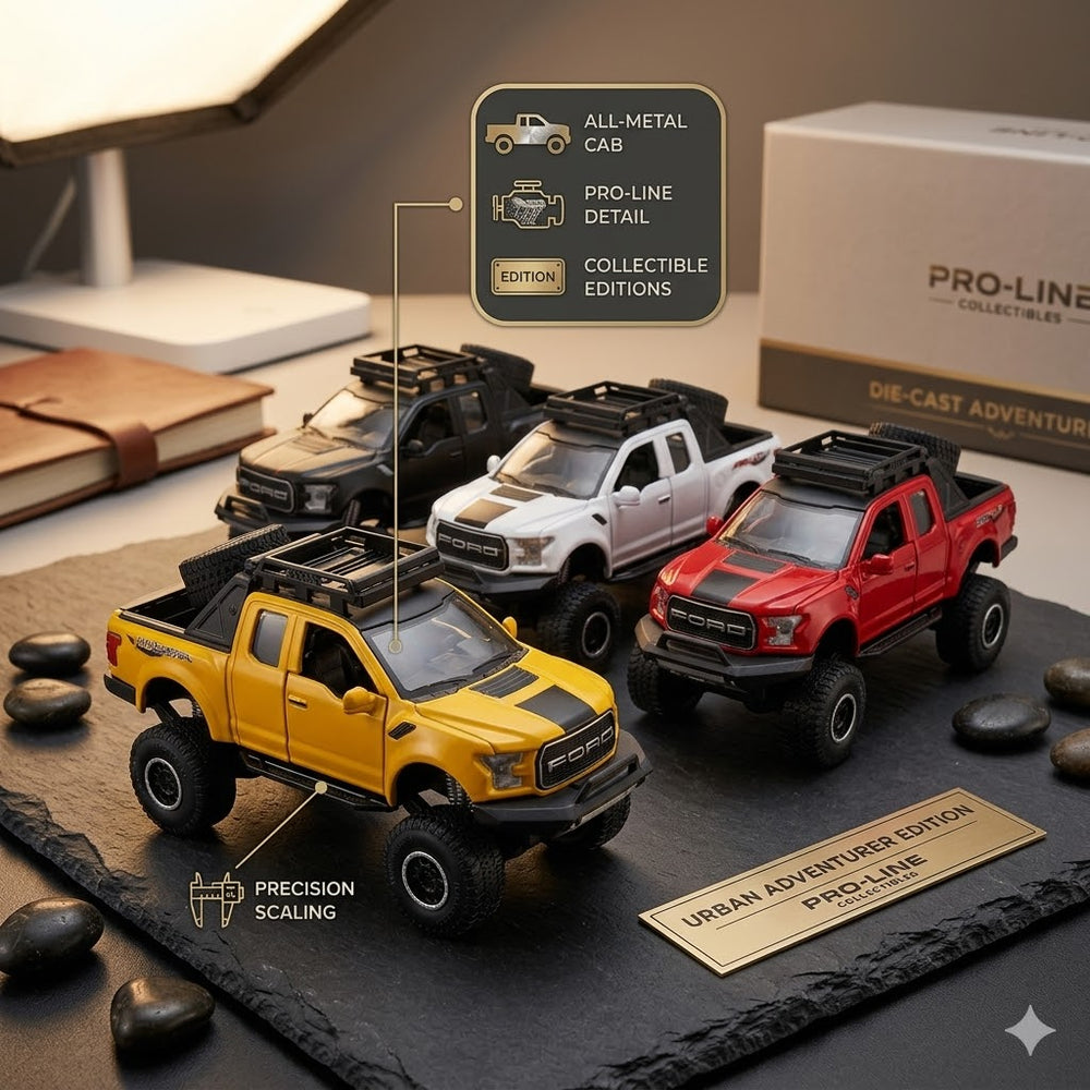 Pro-Line Collectibles Urban Adventurer Edition Die-Cast Truck Set – 1:32 Scale All-Metal Miniature Off-Road Pickup Toy Cars with Realistic Suspensions & Roof Racks for Kids and Collectors (4-Pack)
