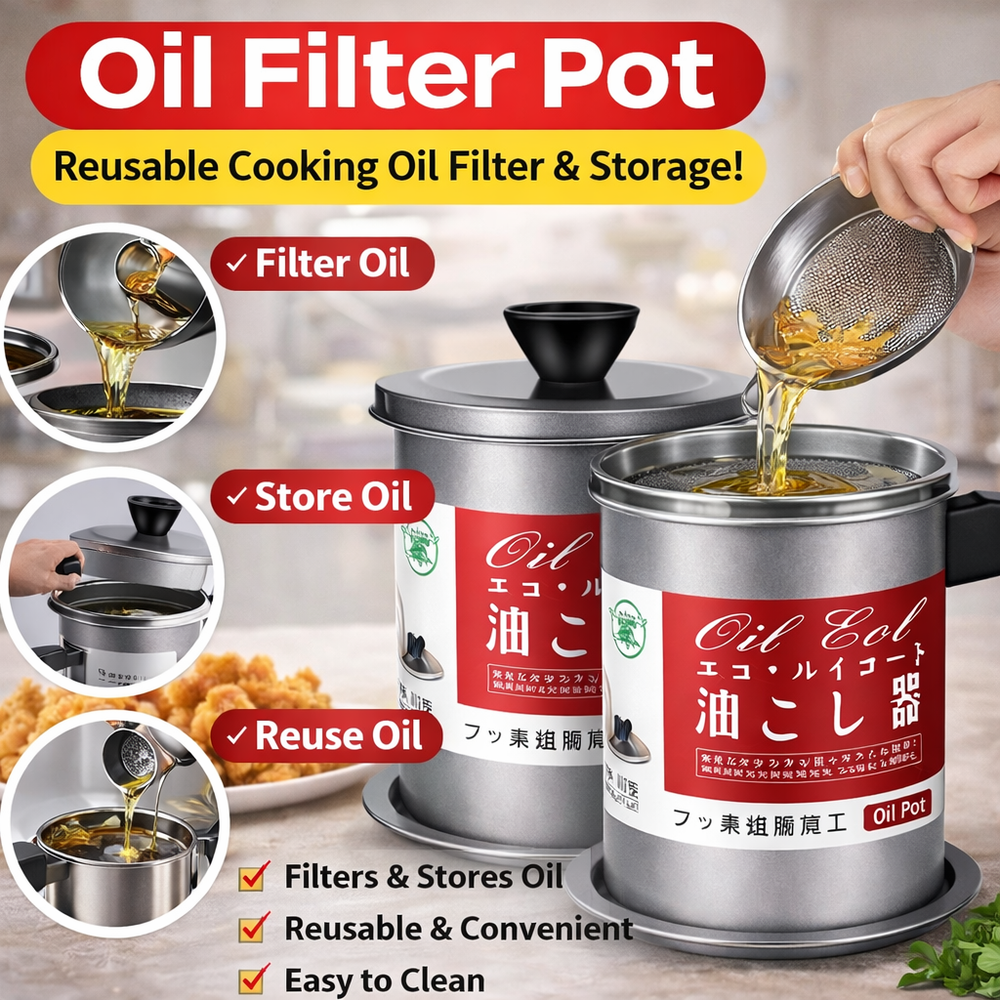 Premium Stainless Steel Oil Filter Pot – Reusable Cooking Oil Strainer & Storage Container with Fine Mesh Net Lid and Anti-Slip Base for Kitchen Deep Frying (Grey & Silver)