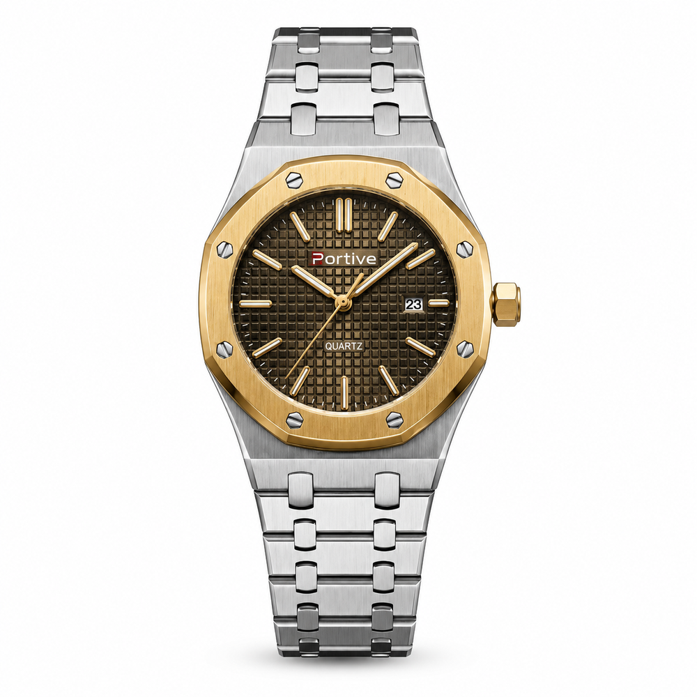 Portive Men's Luxury Quartz Watch - Gold & Silver Stainless Steel Wristwatch with Date Display