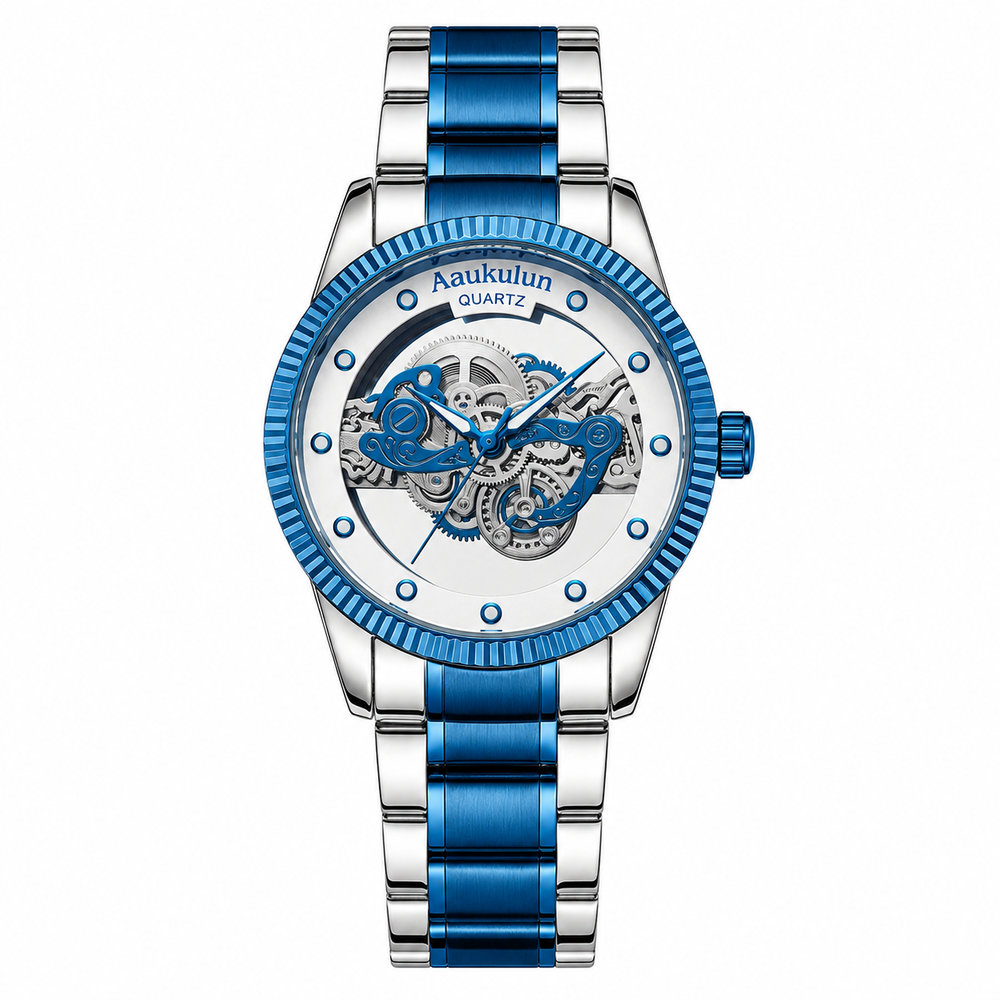 Aaukulun Luxury Blue Skeleton Quartz Watch – Hollow Mechanical-Style Design for Men