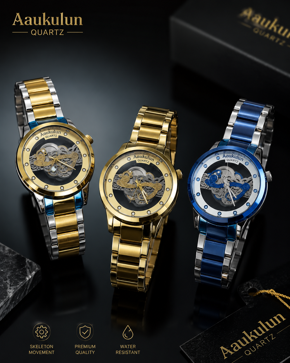 Aaukulun Luxury Blue Skeleton Quartz Watch – Hollow Mechanical-Style Design for Men