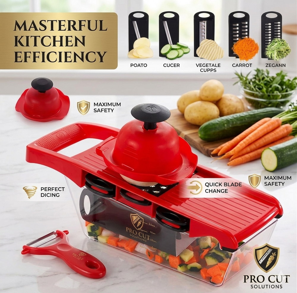 Pro Cut Solutions 6-in-1 Multi-Functional Vegetable Slicer & Mandoline Cutter – Professional Salad Grater, Potato chopper, and Julienne Slicer with Safety Hand Guard & Storage Container (Red & Black)
