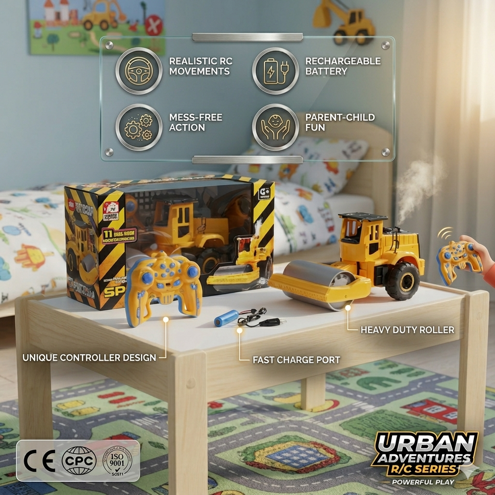 Urban Adventures R/C Series: Heavy Duty Toy Road Roller – 11-Channel Remote Control Construction Vehicle with Rechargeable Battery and Unique Controller for Kids