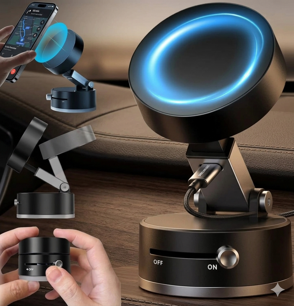MagStick™ Ultra-Link: 2-in-1 Smart Electric Vacuum Suction & Magnetic Car Phone Mount with LED Ambient Ring