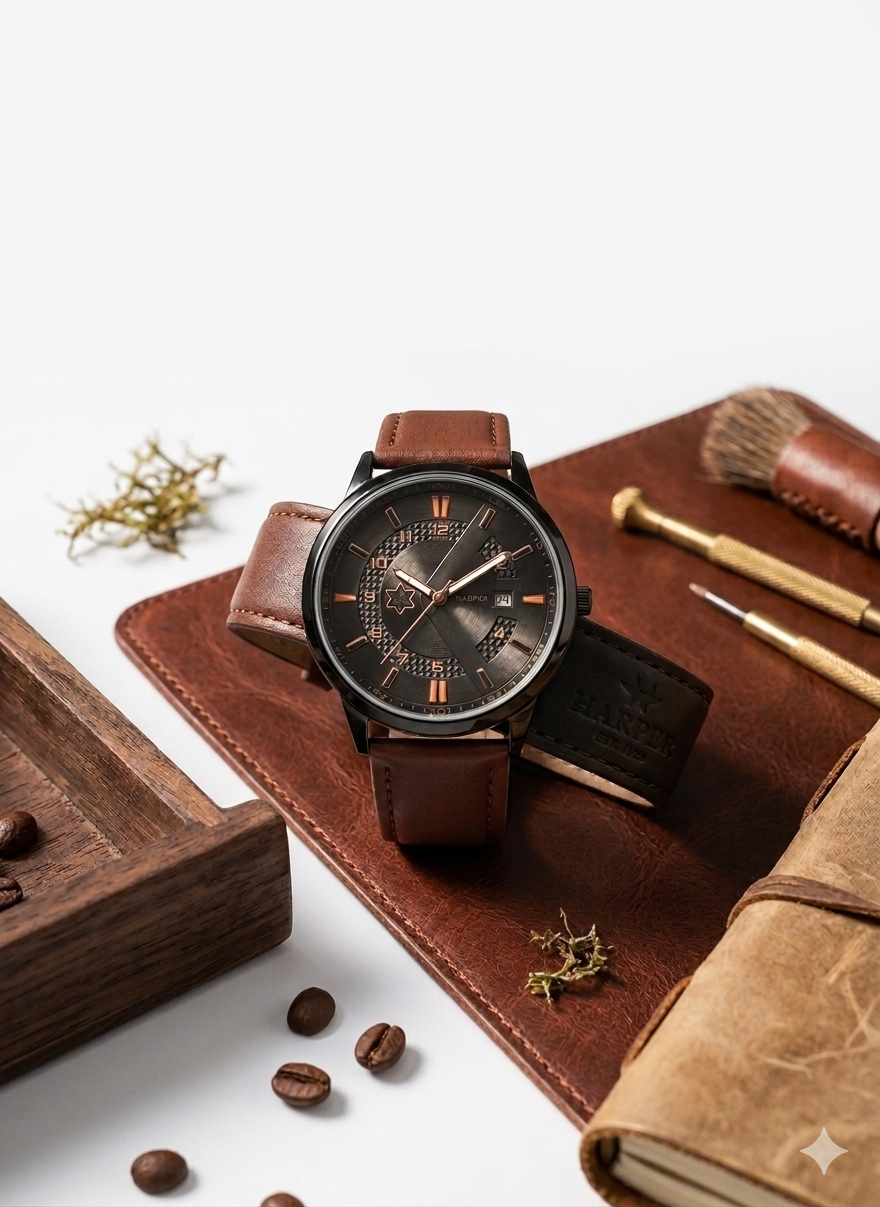 The Chrono-Elite Men’s Classic: Sophisticated Gunmetal Dial Watch with Premium Brown Leather Strap