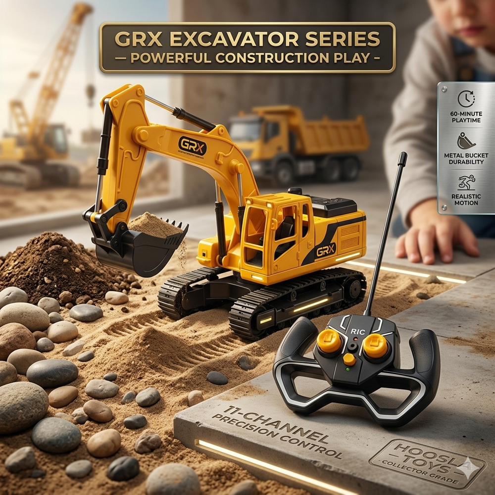 GRX Excavator Series Powerful Construction Toy – 11-Channel Remote Control Digger with Metal Bucket, Realistic Caterpillar Tracks, and Long Playtime for Kids & Collector Grade Displays