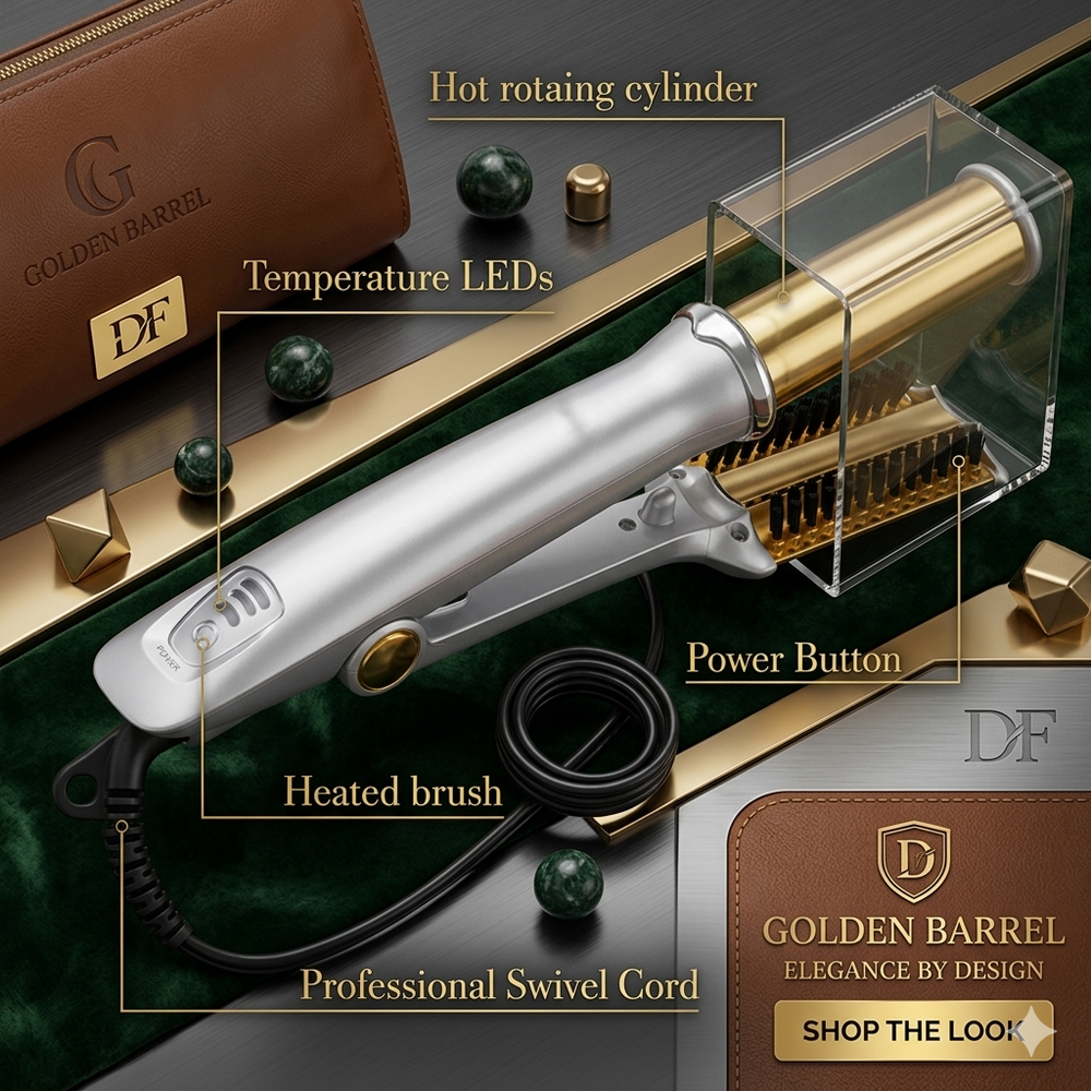 GOLDEN BARREL Luxe-Style 2-in-1 Professional Rotating Iron & Heated Volumizing Brush - Elegance by Design