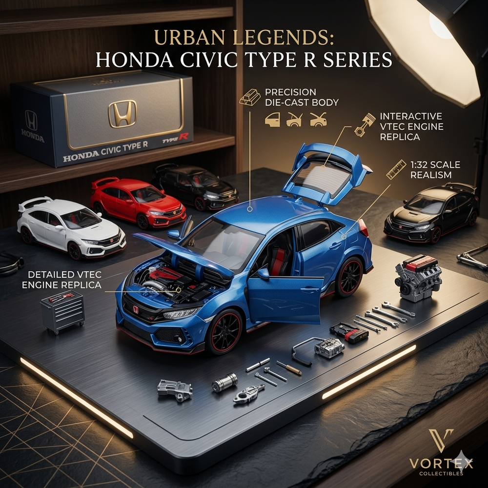 Vortex Collectibles Urban Legends: Honda Civic Type R Series – 1:32 Scale Precision Die-Cast Model Car with Openable Doors, Hood, and Trunk, Detailed VTEC Engine Replica for Kids & Collectors (4-Pack Set)