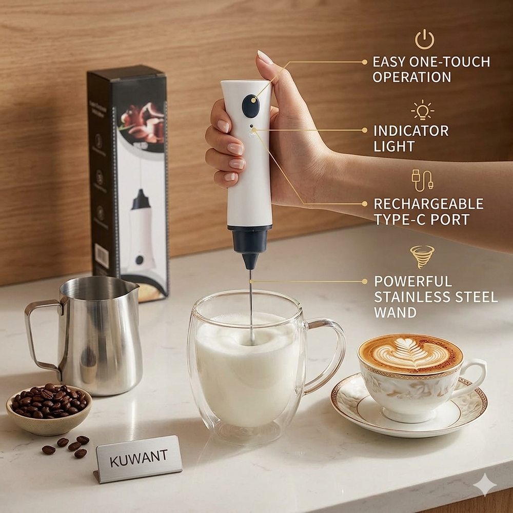 Premium Rechargeable Electric Milk Frother – Handheld Coffee Foam Maker with Type-C Port, Powerful Stainless Steel Whisk for Cappuccino, Latte, Hot Chocolate & Egg Beating (White & Grey)