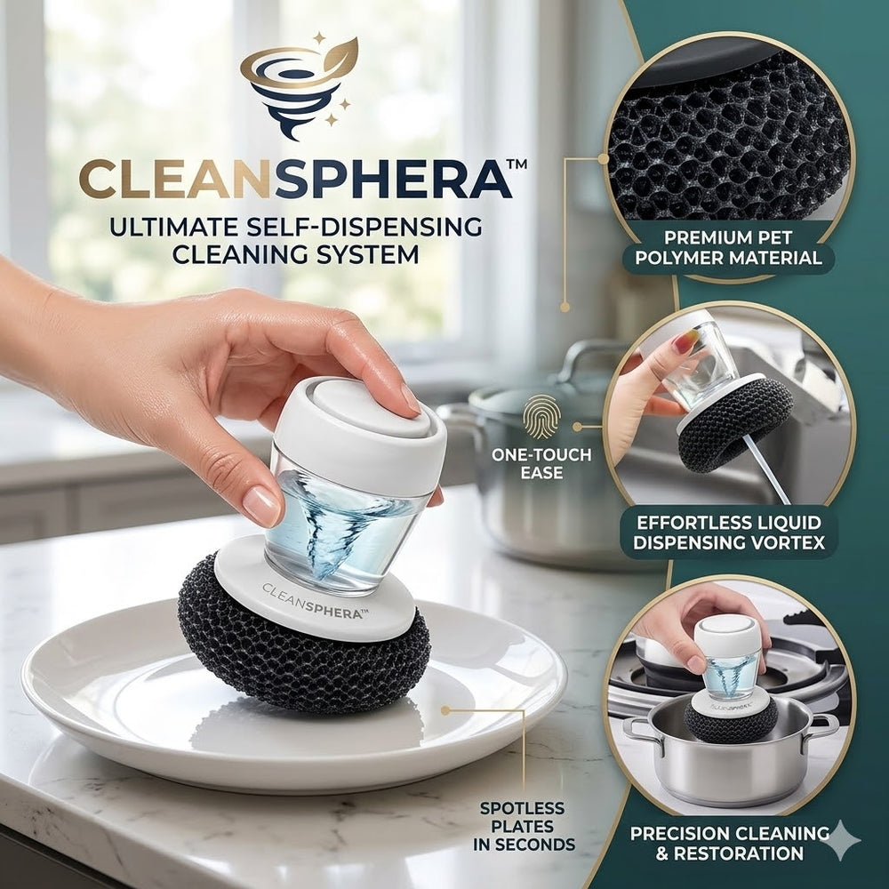 CleanSphera™ Ultimate Self-Dispensing Cleaning Brush – Smart Soap Dispenser Kitchen Scrubber with Premium PET Polymer Mesh for Pots, Pans, Plates, and Countertops